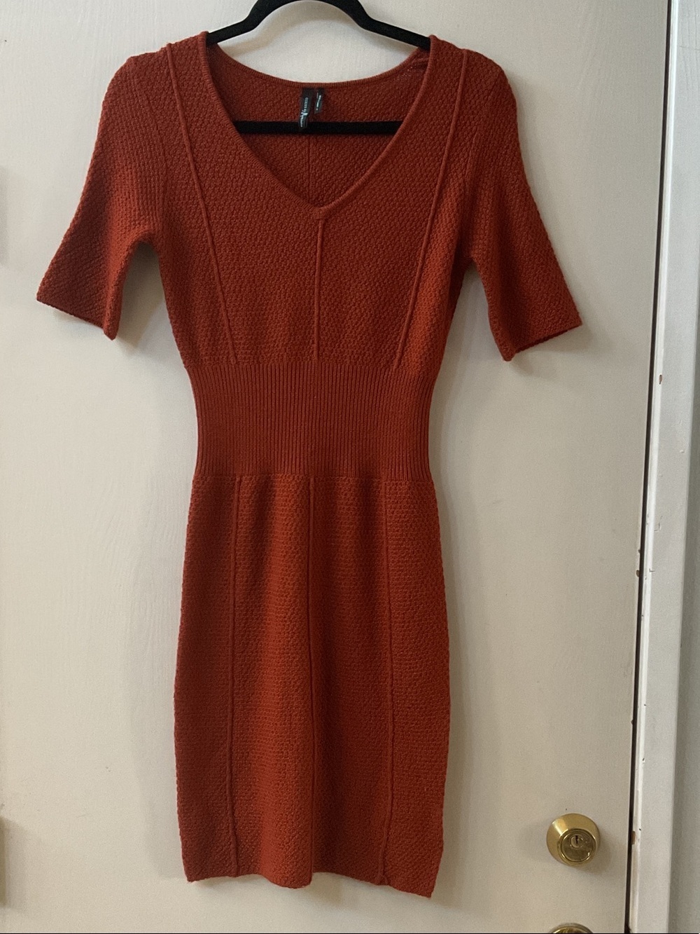 Guess by Marciano Rust Red Knit V-Neck Midi Dress